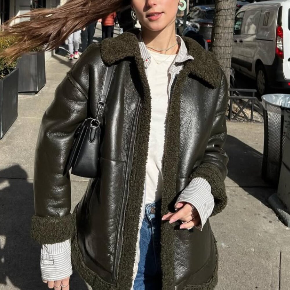 Faux leather aviator jacket in olive